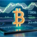Illustration du cours du Bitcoin avec le logo BTC au premier plan et un graphique d'analyse technique en arrière-plan affichant le prix à 73 806 dollars.