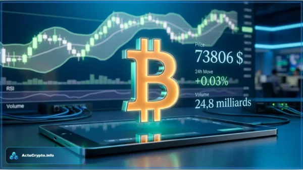 Illustration du cours du Bitcoin avec le logo BTC au premier plan et un graphique d'analyse technique en arrière-plan affichant le prix à 73 806 dollars.