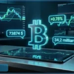 Graphique d'analyse technique montrant le cours du Bitcoin bloqué sous une résistance, avec le prix affiché à 73 874 dollars.