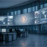 Salle de trading avec écrans affichant le cours Bitcoin et analyses de marché