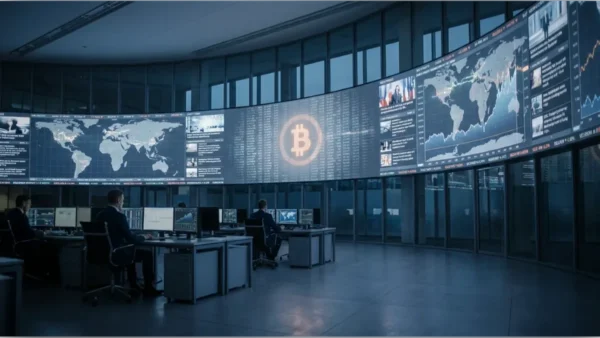 Salle de trading avec écrans affichant le cours Bitcoin et analyses de marché