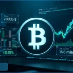 Analyse graphique du cours Bitcoin (BTC) montrant le logo du Bitcoin devant un écran affichant la courbe du prix, le cours actuel à 73 805 $ et les volumes d'échange.