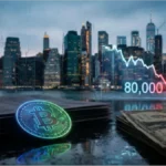 Graphique de la chute du cours Bitcoin sous 80 000 dollars avec une pièce physique et des dollars