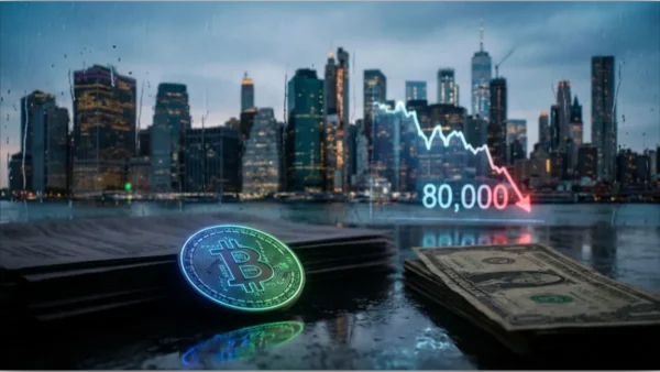 Graphique de la chute du cours Bitcoin sous 80 000 dollars avec une pièce physique et des dollars