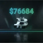 Logo Bitcoin métallique avec affichage du prix à 76 684 dollars en néon vert