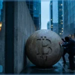 Hommes poussant une sphère Bitcoin contre un mur sous la pluie illustrant la résistance du cours Bitcoin