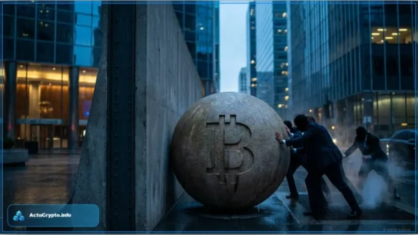 Hommes poussant une sphère Bitcoin contre un mur sous la pluie illustrant la résistance du cours Bitcoin