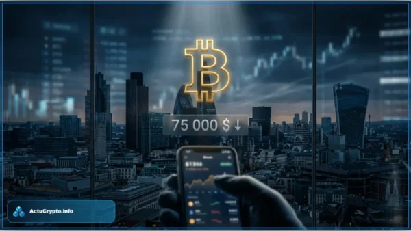 Représentation du cours Bitcoin sous pression avec une pièce entre deux cordes prêtes à rompre