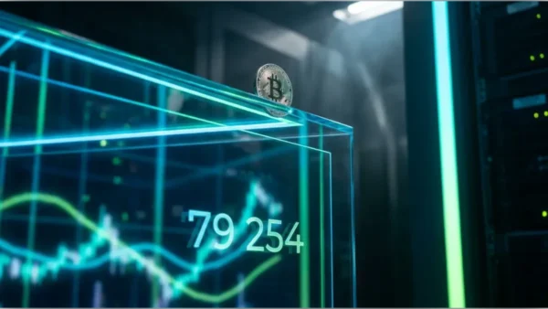 Représentation graphique du cours Bitcoin testant le support critique de 79 254 dollars