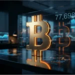 Graphique boursier du cours Bitcoin indiquant 77 698 dollars sur un écran de trading
