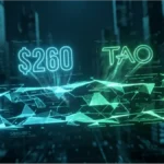 Graphique numérique futuriste affichant le cours Bittensor et le symbole TAO à 260 dollars