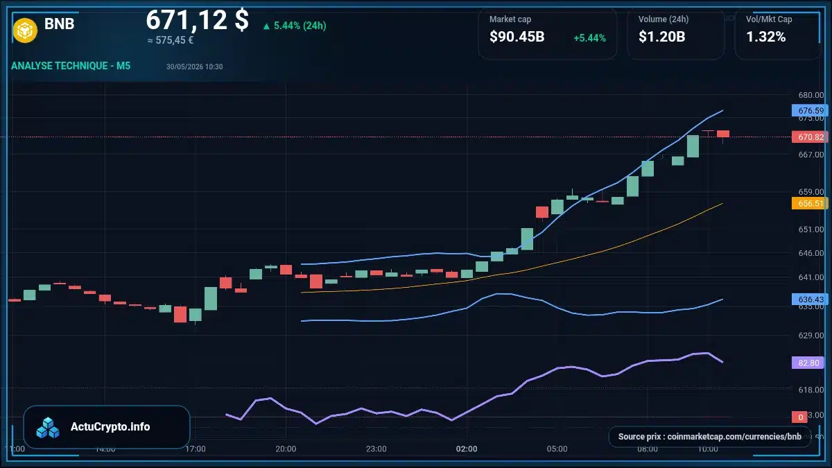 Graphique du cours BNB à 671 $ Analyse technique du cours de BNB de binancecoin à 671 $ aujourd'hui
