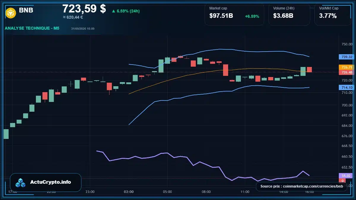 Graphique du cours BNB à 724 $ Analyse technique du cours de BNB de binancecoin à 724 $ aujourd'hui
