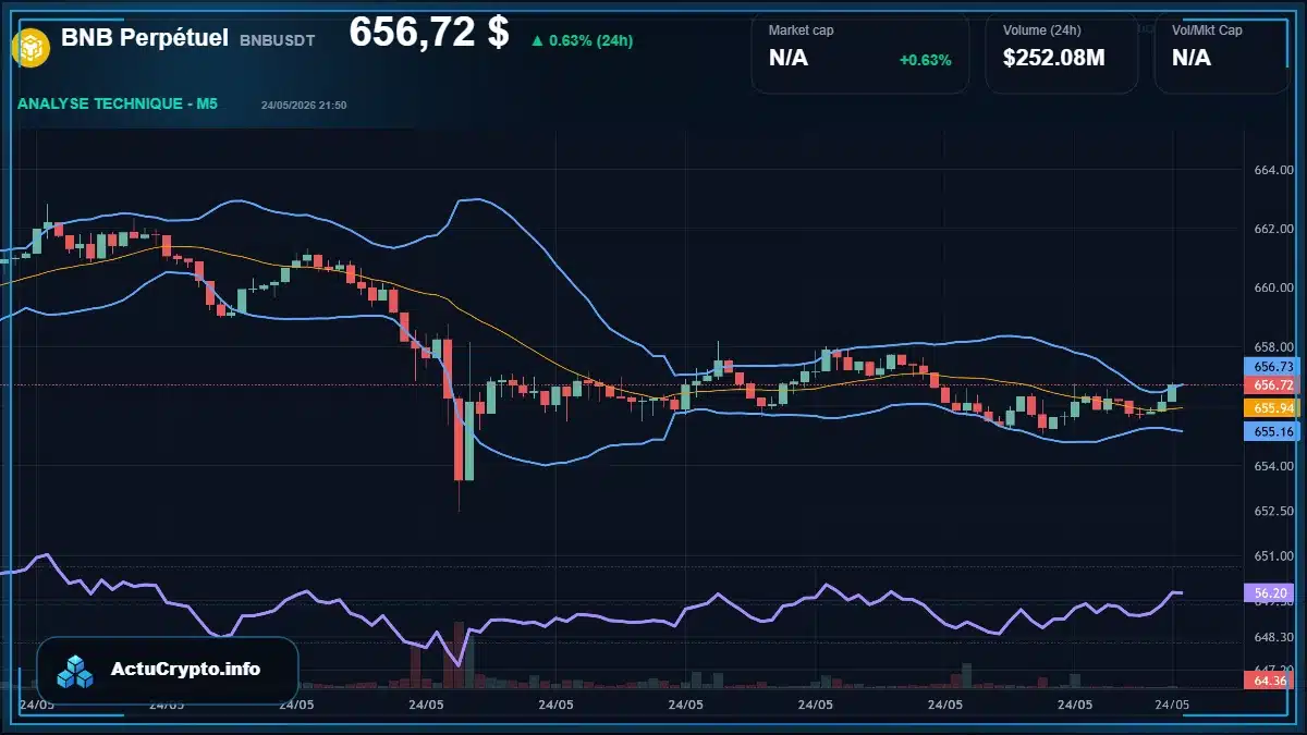 Graphique du cours BNB Perpétuel à 657 $ Analyse technique du cours de BNB Perpétuel de binancecoin à 657 $ aujourd'hui