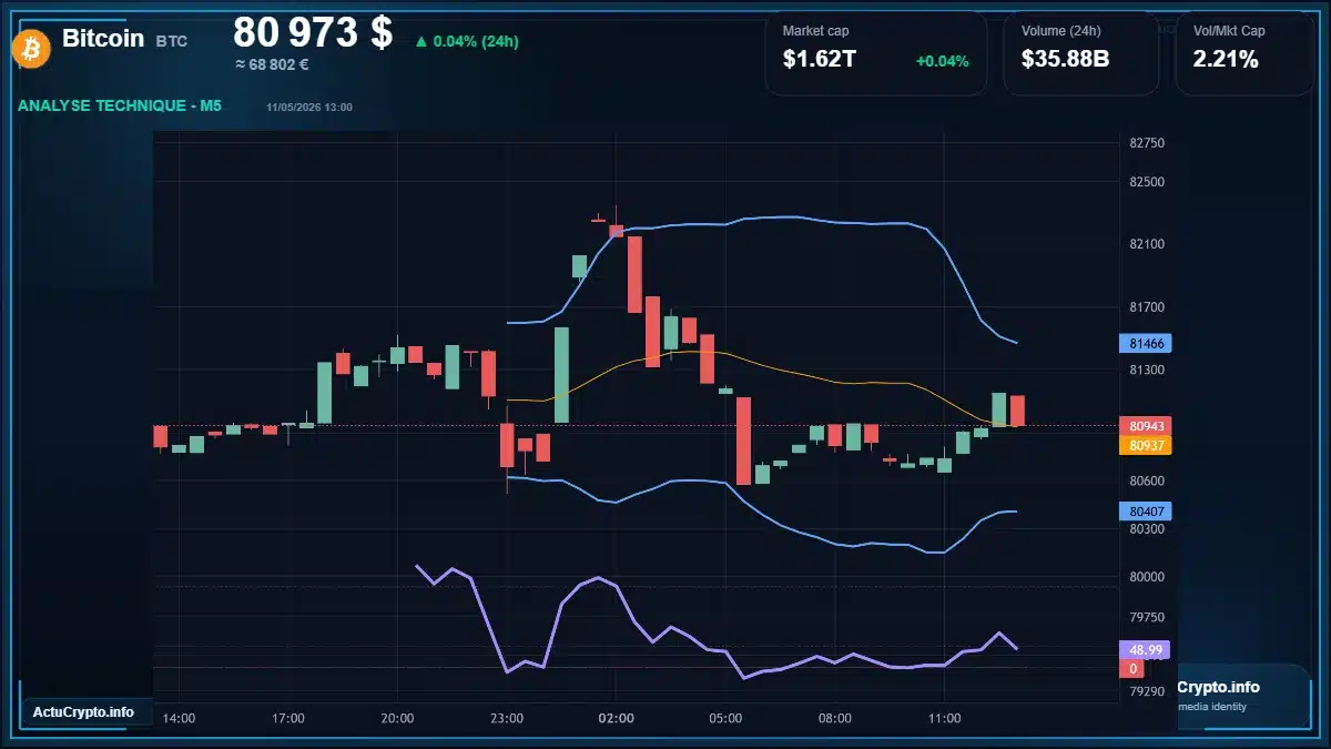 Graphique du cours Bitcoin à 80973 $ Analyse technique du cours de Bitcoin de bitcoin à 80973 $ aujourd'hui