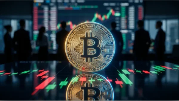 Représentation graphique du cours BTC avec une pièce Bitcoin devant des écrans de trading et des chandeliers japonais
