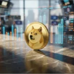 Pièce d'or Dogecoin sur une table de trading avec graphiques financiers en arrière-plan