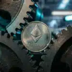 Représentation visuelle du cours Ethereum bloqué par des engrenages symbolisant la résistance technique à 2302 dollars.