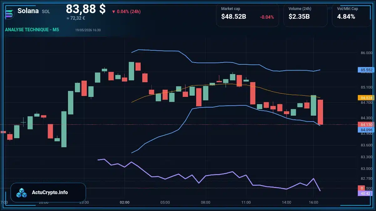 Graphique du cours Solana à 83.88 $ Analyse technique du cours de Solana de solana à 83.88 $ aujourd'hui