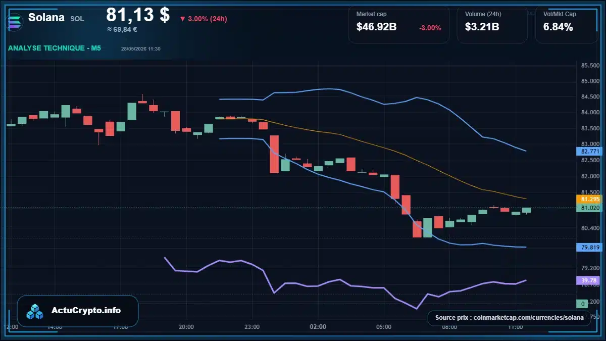 Graphique du cours Solana à 81.13 $ Analyse technique du cours de Solana de solana à 81.13 $ aujourd'hui