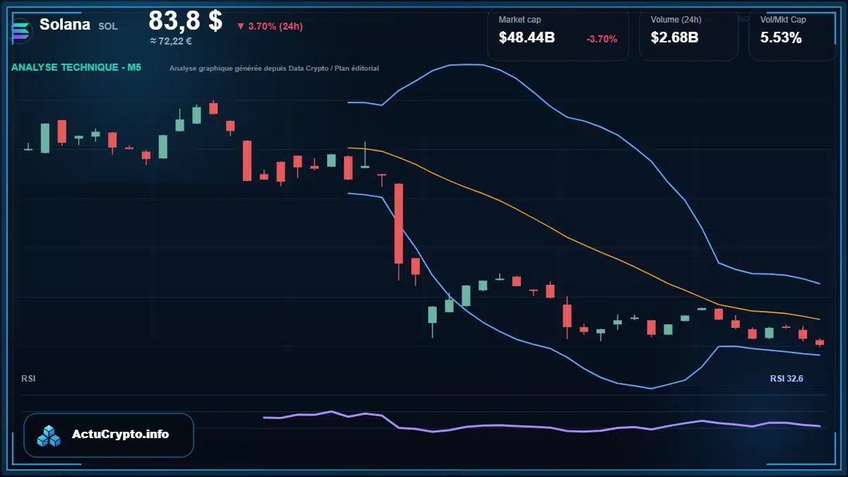 Graphique du cours Solana à 83.80 $ Analyse technique du cours de Solana de solana à 83.80 $ aujourd'hui