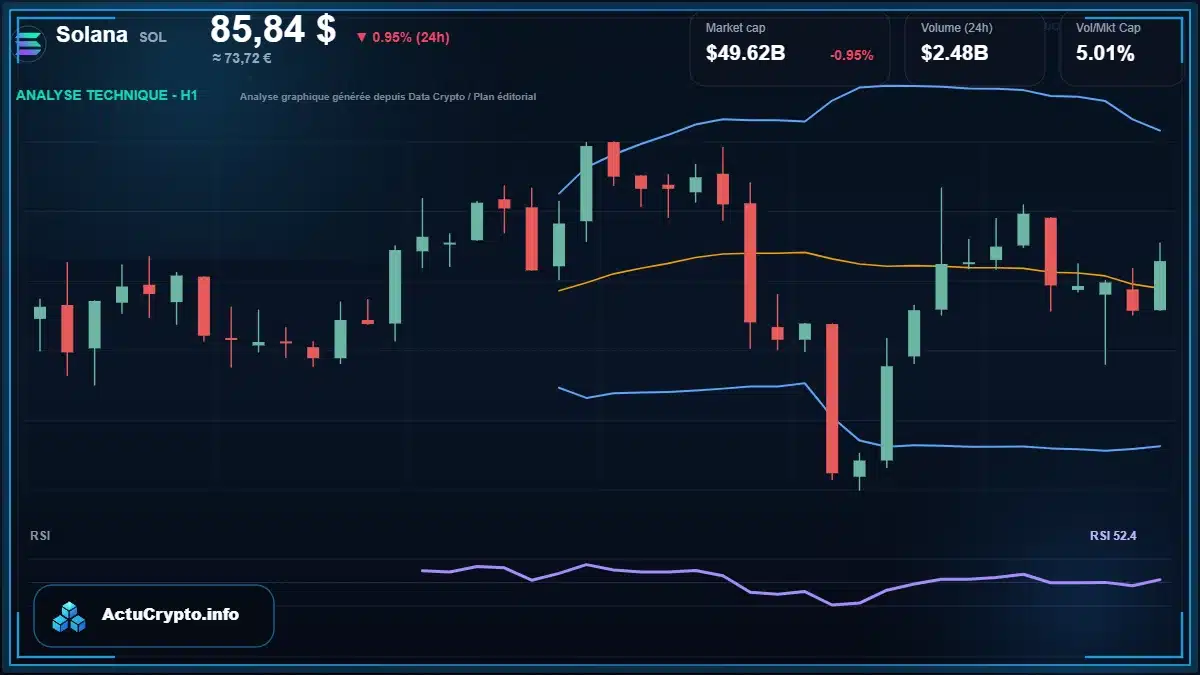 Graphique du cours Solana à 85.84 $ Analyse technique du cours de Solana de solana à 85.84 $ aujourd'hui