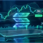 Graphique financier illustrant le cours de Solana bloqué sous la barre des 82 dollars avec des indicateurs de volume