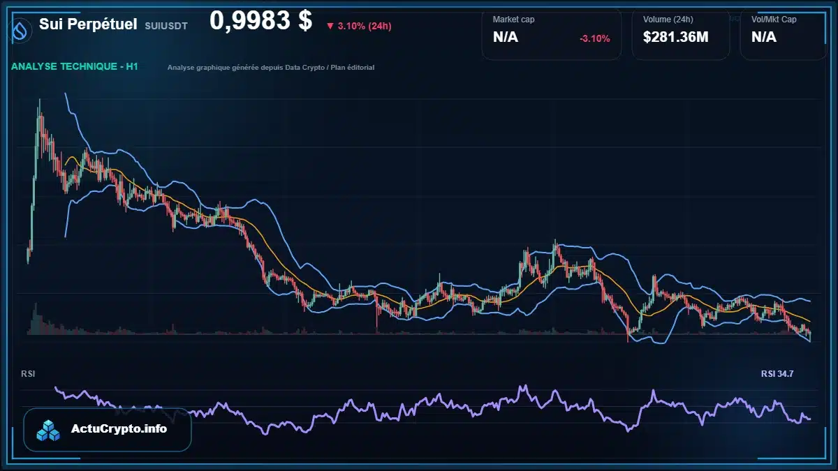 Cours SUIUSDT (Sui Perpétuel) en direct : graphique, prix et analyse technique Graphique en temps réel montrant le cours SUIUSDT de Sui Perpétuel à 0.9983 $ selon CoinMarketCap