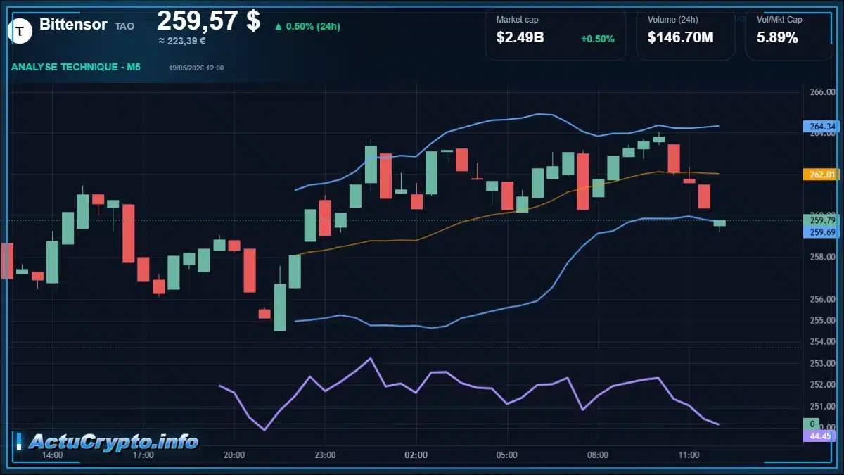 Graphique du cours Bittensor à 260 $ Analyse technique du cours de Bittensor de bittensor à 260 $ aujourd'hui
