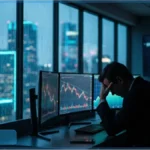 Trader abattu devant des écrans affichant des marchés en baisse lors d'un crash crypto