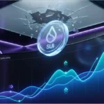 Jeton de la crypto SUI brisant un plafond de verre devant un graphique de prix ascendant