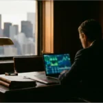 Un analyste financier examine des graphiques boursiers illustrant l'exposition Crypto Trump depuis un bureau avec vue sur New York.