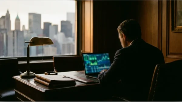 Un analyste financier examine des graphiques boursiers illustrant l'exposition Crypto Trump depuis un bureau avec vue sur New York.