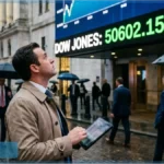 Investisseur devant un écran boursier affichant le Dow Jones à 50 602 points à New York