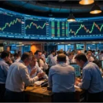 Traders analysant les graphiques boursiers du Dow Jones aujourd’hui sur des écrans géants.