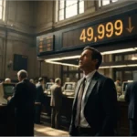 Trader observant l'indice Dow Jones affiché à 49 999 points sur un écran boursier