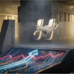 Illustration d'un flux liquide doré brisant une barrière symbolisant la résistance du cours Hyperliquid devant des traders