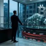 Homme d'affaires observant un logo Bitcoin brisé et des sculptures de taureau et d'ours illustrant la chute de l'ETF Bitcoin.