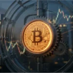 Pièce de Bitcoin dorée sécurisée dans un mécanisme de coffre-fort avec graphiques de trading