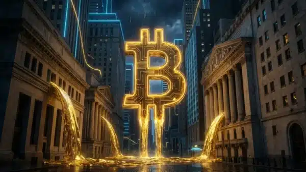 Illustration d'un Bitcoin géant lumineux au centre de Wall Street avec des flux d'or symbolisant les investissements massifs dans les ETF Bitcoin