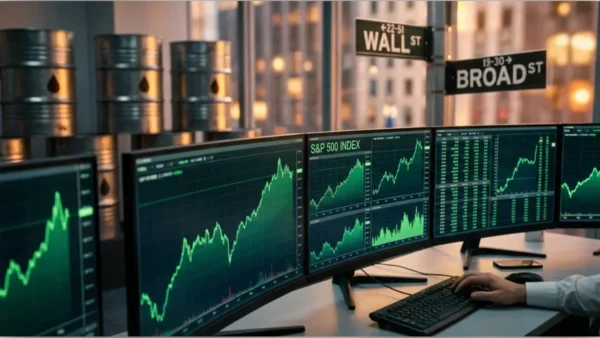 Graphiques boursiers de l'indice S&P 500 en hausse sur des écrans de trading avec barils de pétrole