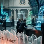 Trois écrans d'ordinateur affichant des graphiques de trading crypto dans un bureau professionnel