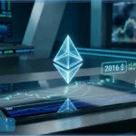 Graphique 3D représentant l'analyse technique de l'Ethereum avec le prix à 2016 dollars et des indicateurs de marché crypto.