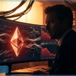 Trois analystes surveillant les graphiques de prix Ethereum en baisse sur des écrans de trading