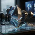 Logo Ethereum en 3D dans un environnement financier sombre illustrant l'analyse technique du marché crypto.