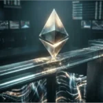 Logo Ethereum en métal sur une poutre fissurée illustrant la baisse du marché crypto