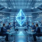 Traders analysant le cours de l'Ethereum dans une salle de marché futuriste avec logo ETH brillant.