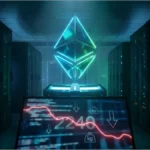 Illustration du logo Ethereum dans un centre de données avec un écran affichant une baisse vers 2240 dollars