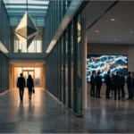 Illustration de deux cadres quittant des bureaux modernes avec une structure de nœuds blockchain en premier plan pour l'Ethereum Foundation