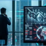 Graphique baissier d'Ethereum sur un écran avec un investisseur inquiet face aux risques macroéconomiques